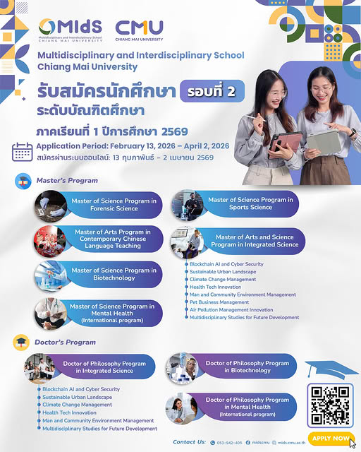 MIdS CMU เปิดรับสมัครนักศึกษาระดับบัณฑิตศึกษา รอบที่ 2 ภาคเรียนที่ 1 ปีการศึกษา 2569